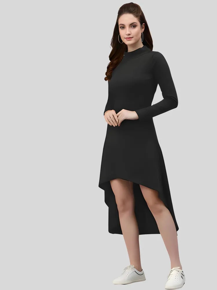 Designer black solid high low polyester bodycon dress by ZELZIS
