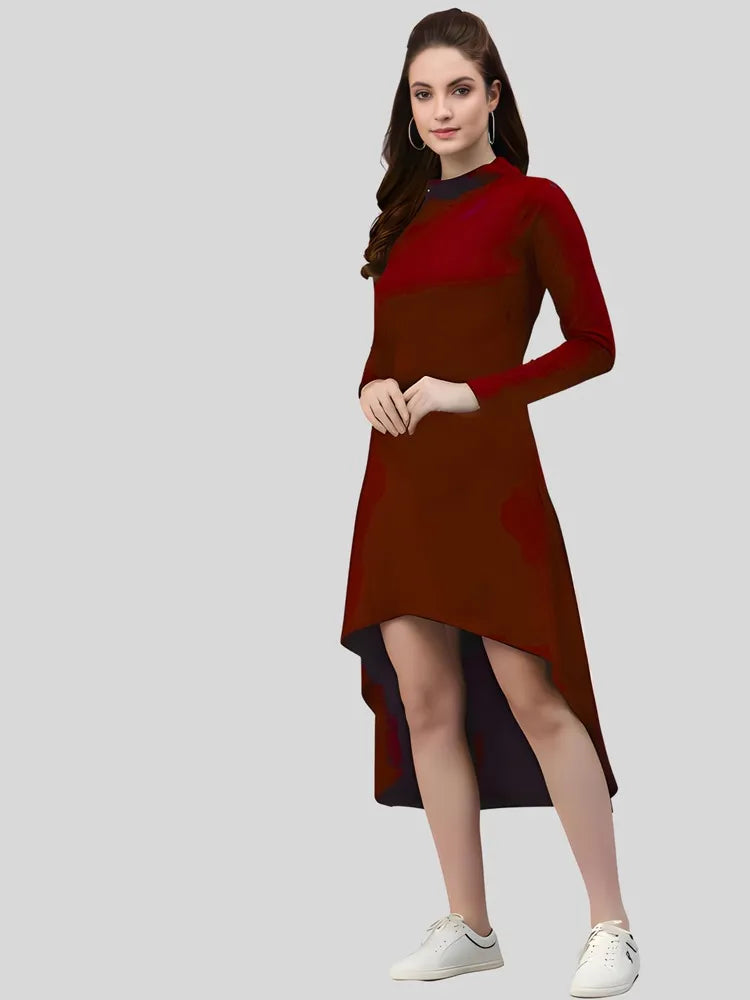 Trendy maroon high low polyester dress ideal for casual & party wear by ZELZIS