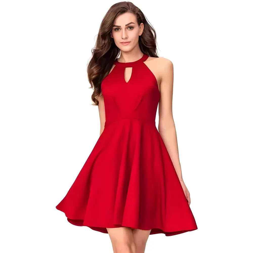 Designer red solid knee-length sleeveless polyester wrap dress by ZELZIS
