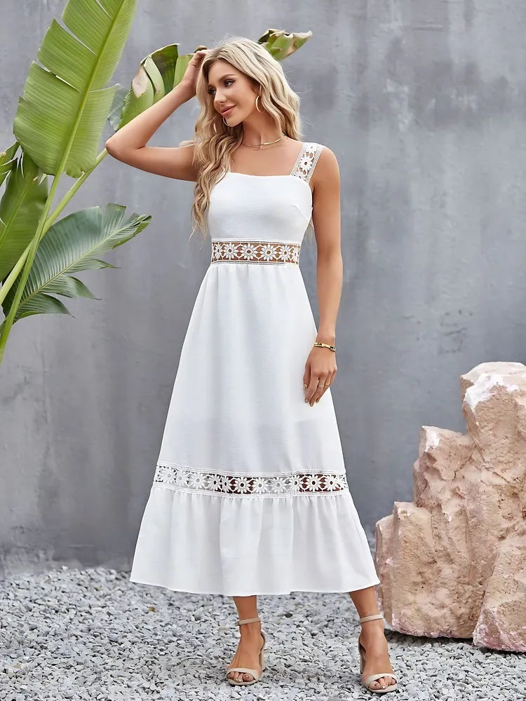 Designer white crochet wide strap stylish midi dress