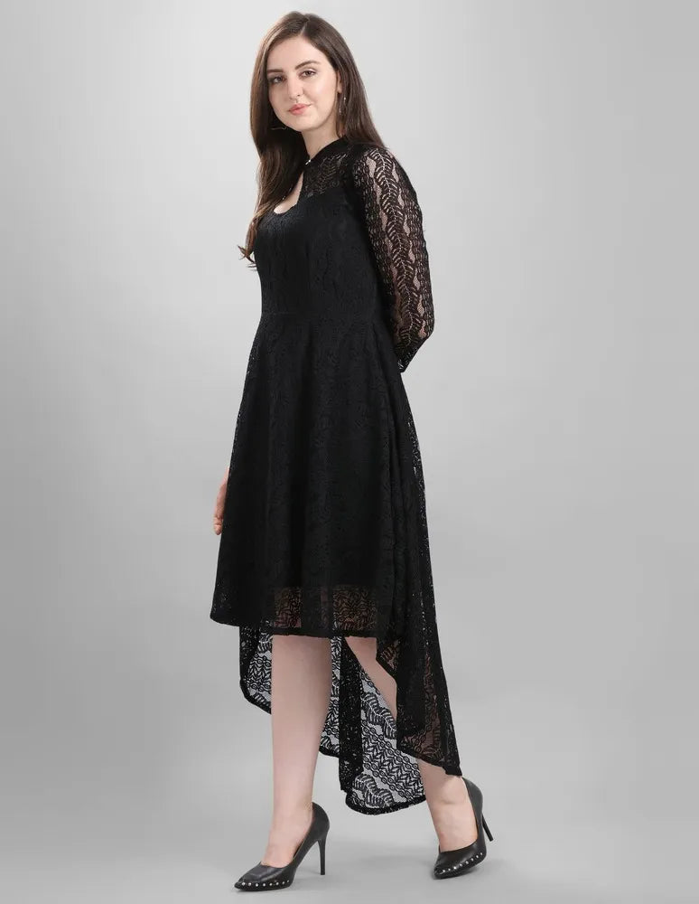 Elegant black coding net high low dress with inner for women by ZELZIS