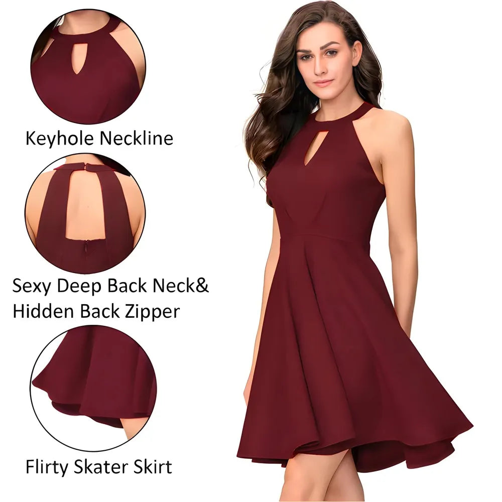 Elegant maroon solid polyester sleeveless wrap dress by ZELZIS