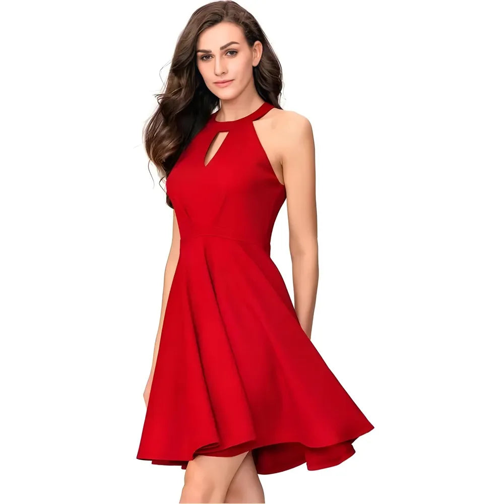 Elegant red solid knee-length sleeveless polyester wrap dress by ZELZIS