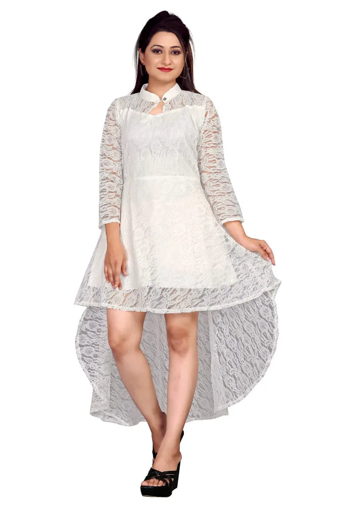 Elegant white high low casual dress with flower net
