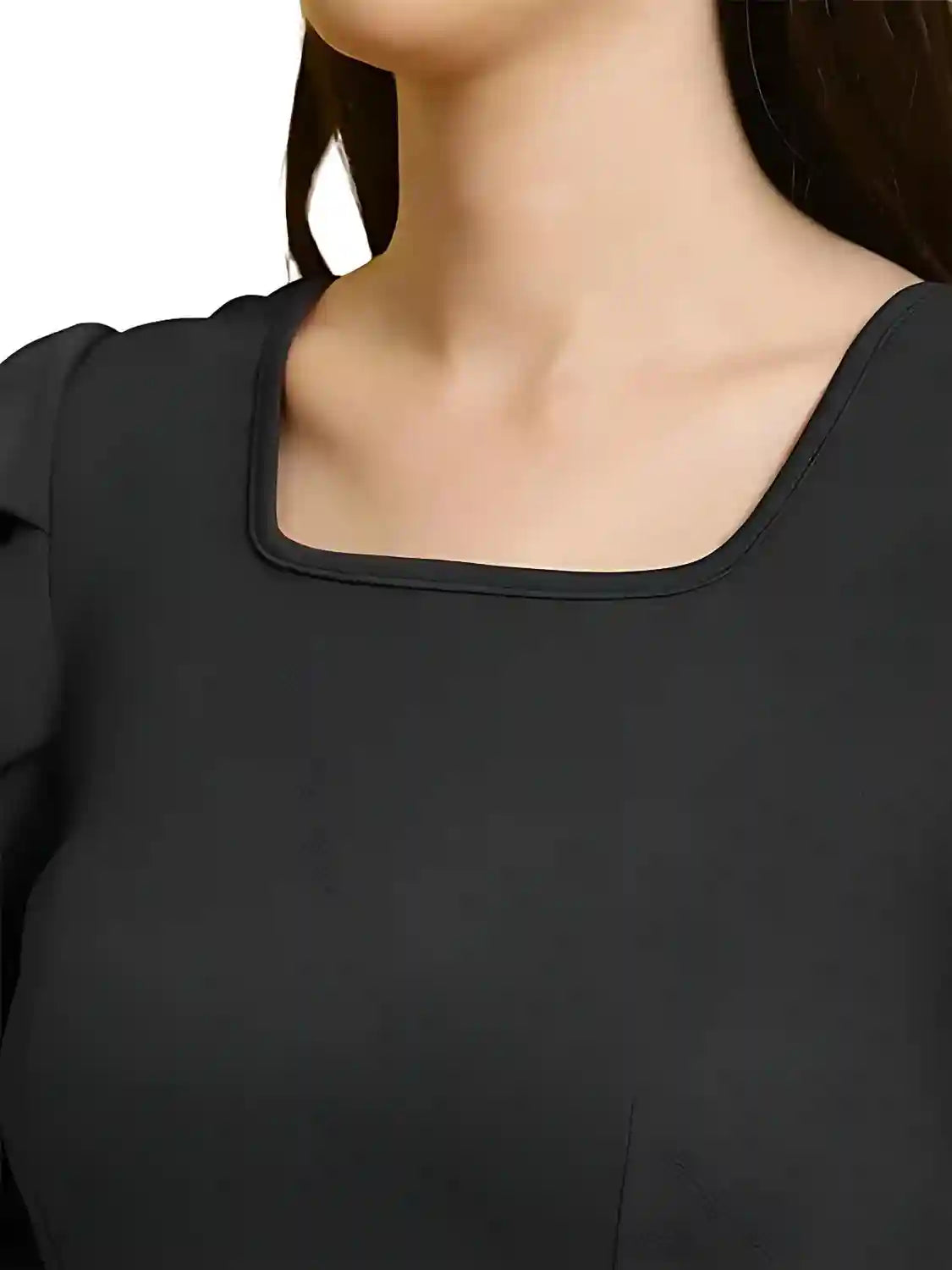 elegant black polyester top with short sleeves and square neck