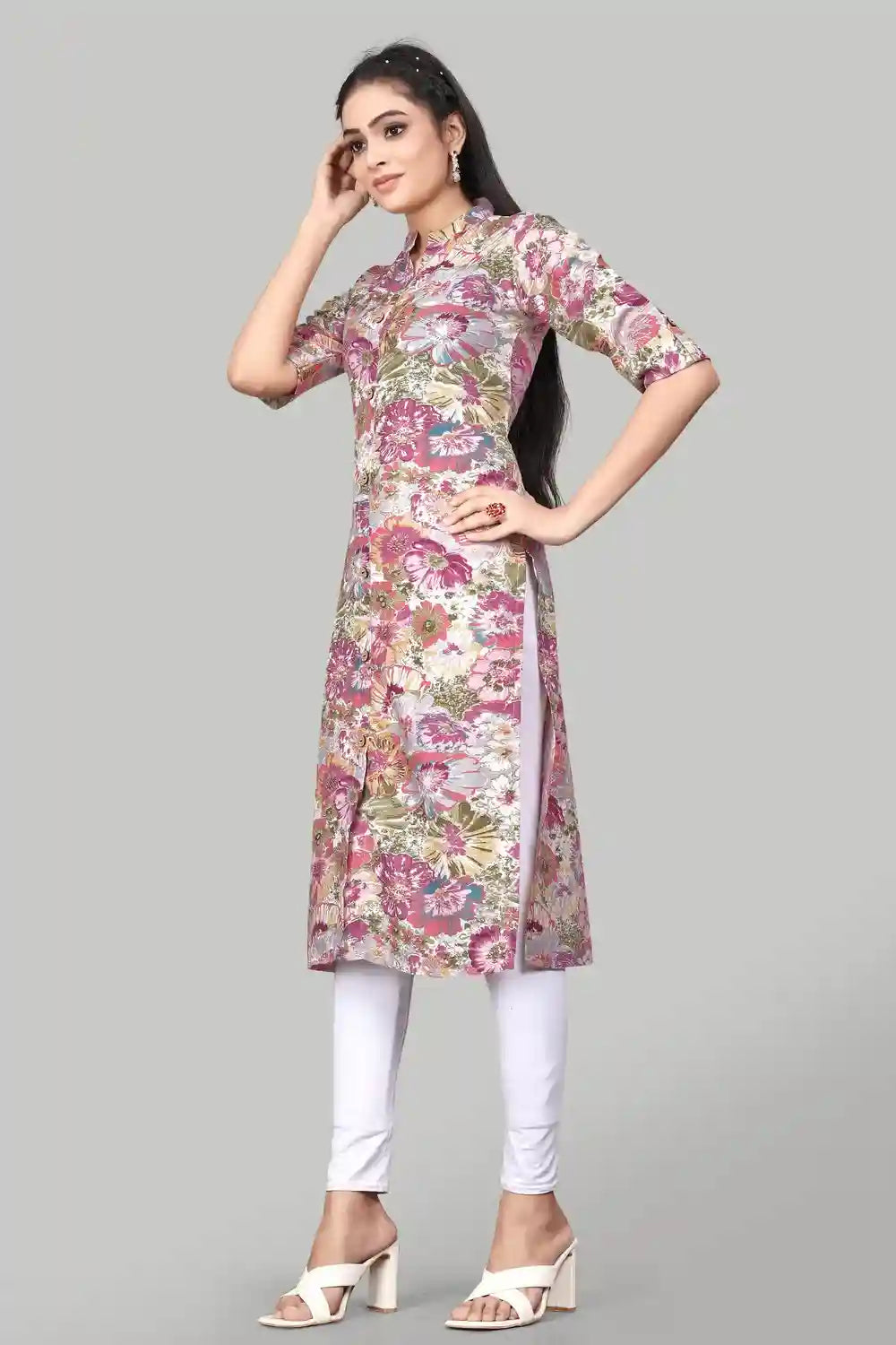 elegant pink rayon kurti with round neck and floral design