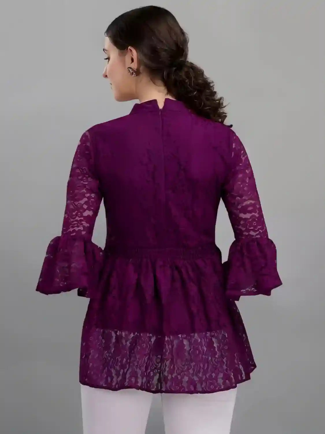 elegant purple crepe inner casual top with net detailing