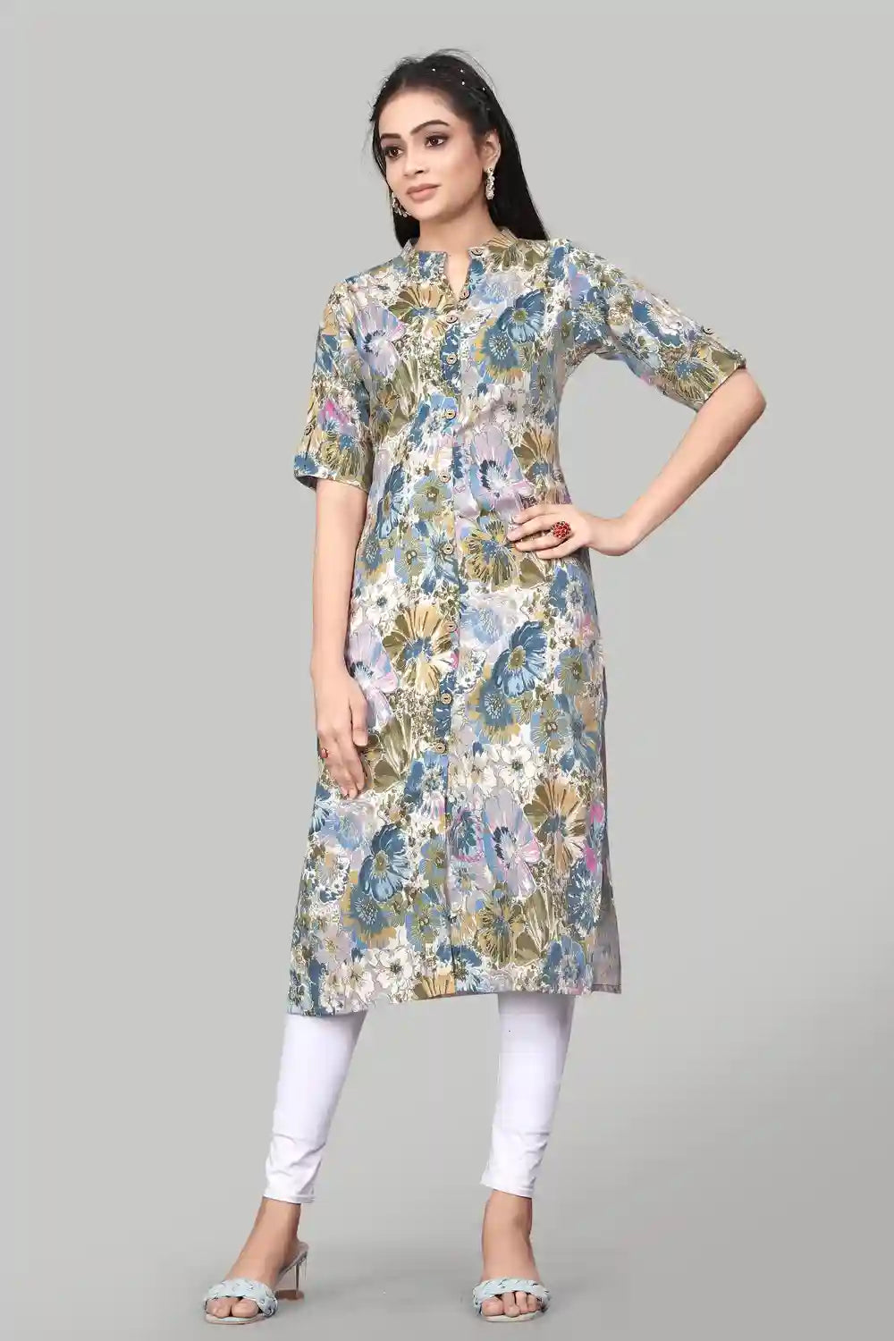 elegant teal floral print rayon kurti for casual wear
