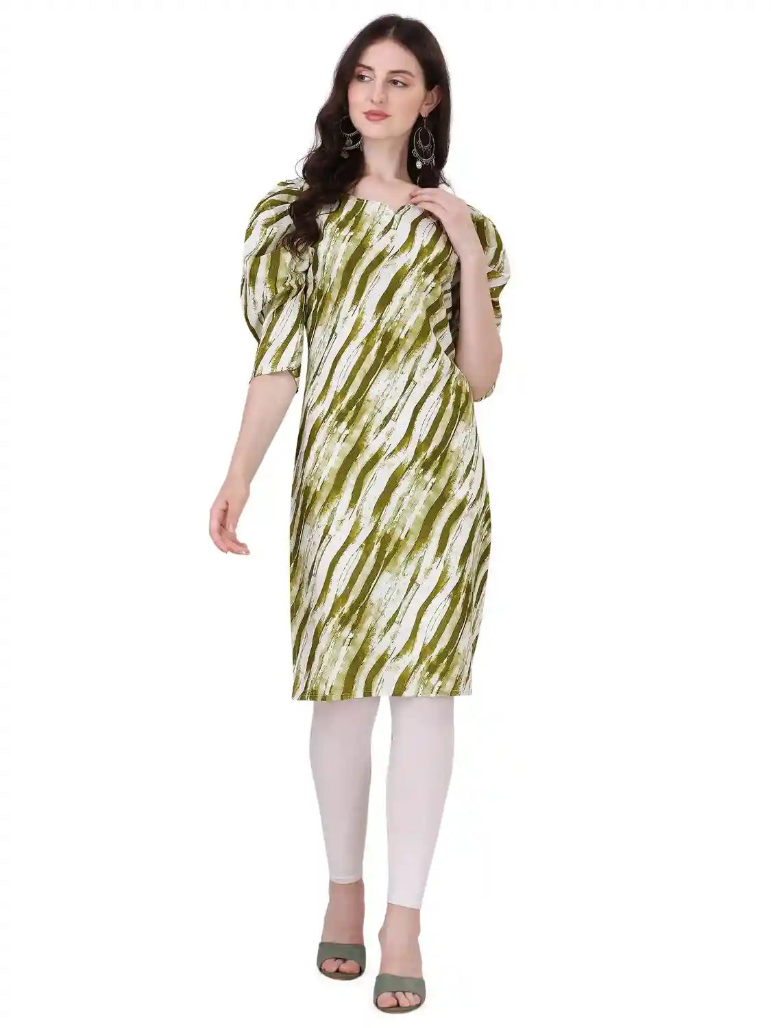 green mix trendy puff sleeve crepe kurti for women