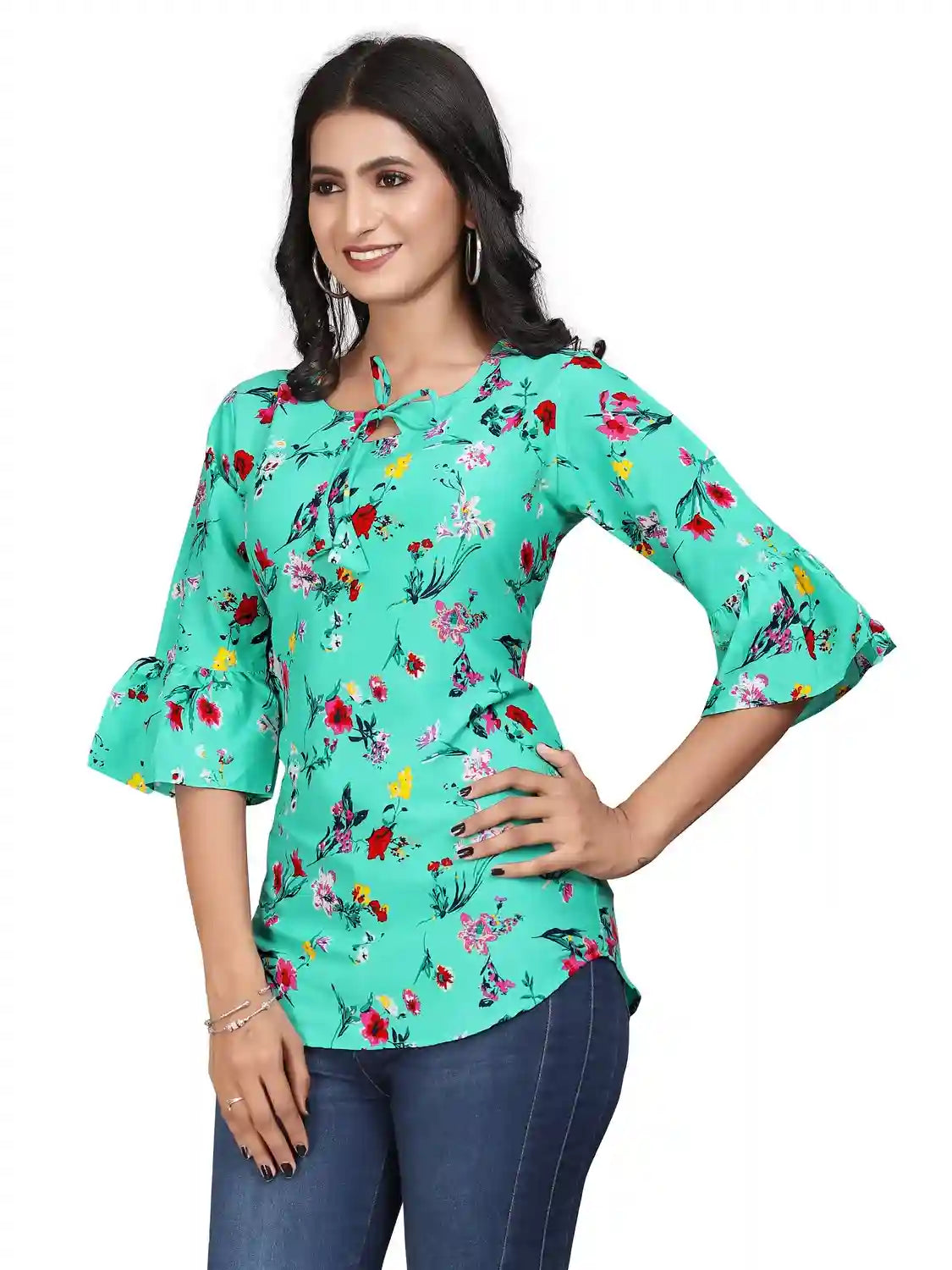 light blue floral style bell sleeve crepe tunic top for women