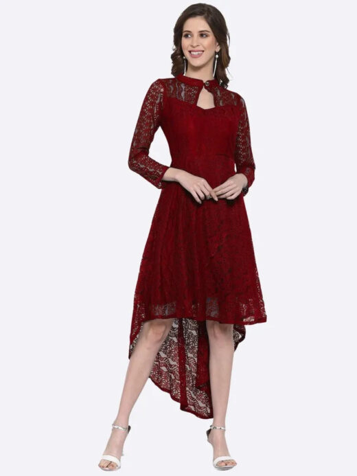 Maroon coding net with inner high low dress for women

