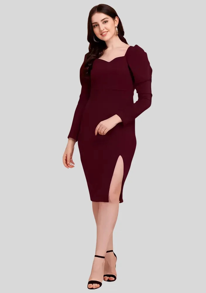 Maroon sweetheart neck knee-length bodycon dress for women