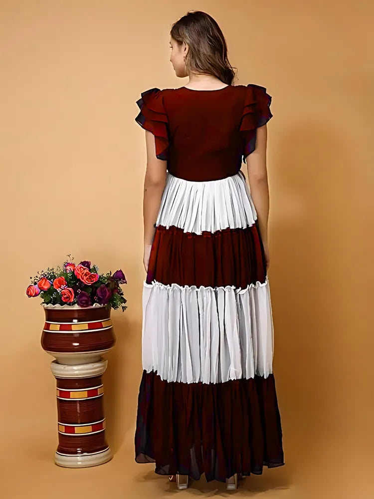 Maroon and white colourblocked solid crepe maxi dress with V neck