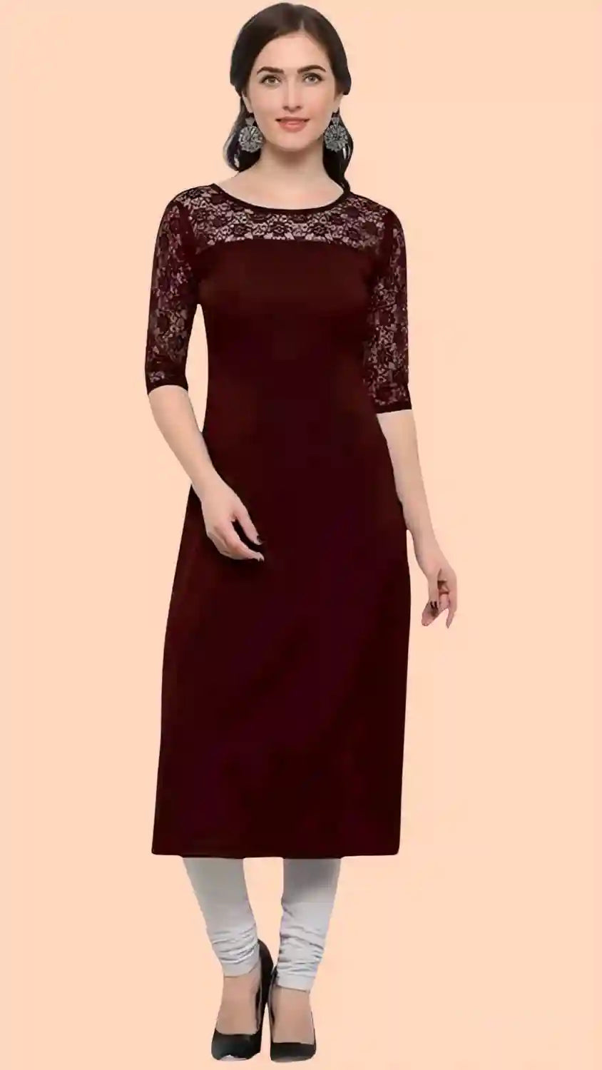 maroon crepe kurtis with a trendy three-quarter sleeve