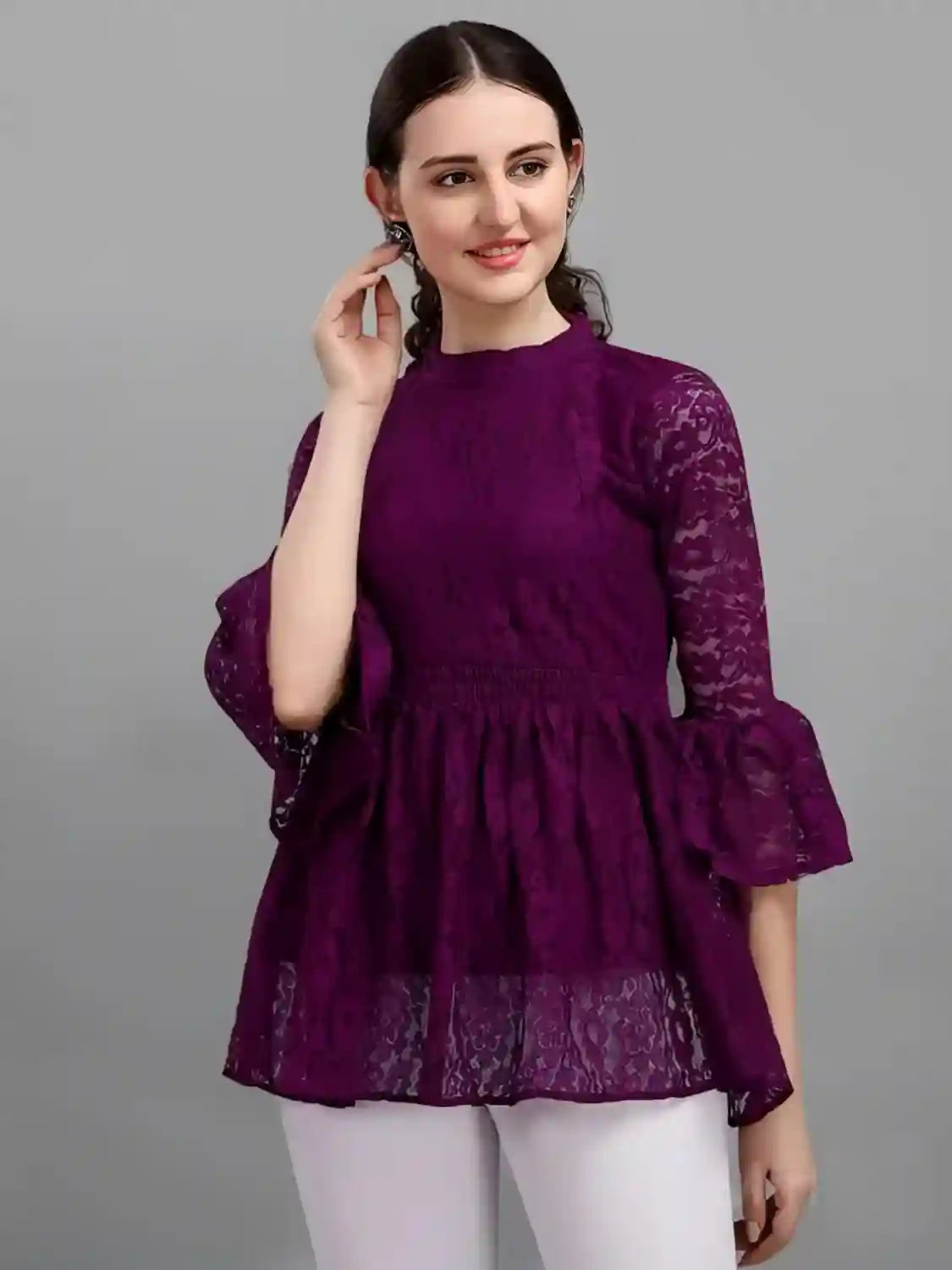 purple solid net top with crepe inner for women