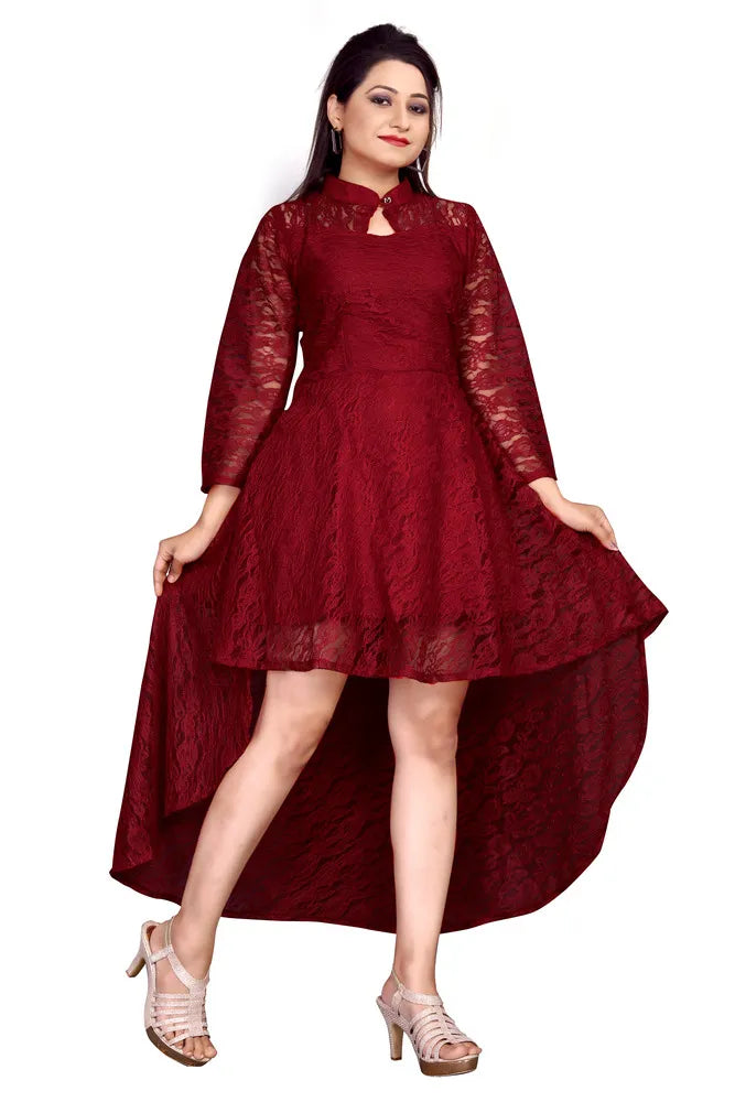 Stylish maroon floral net high low casual dress