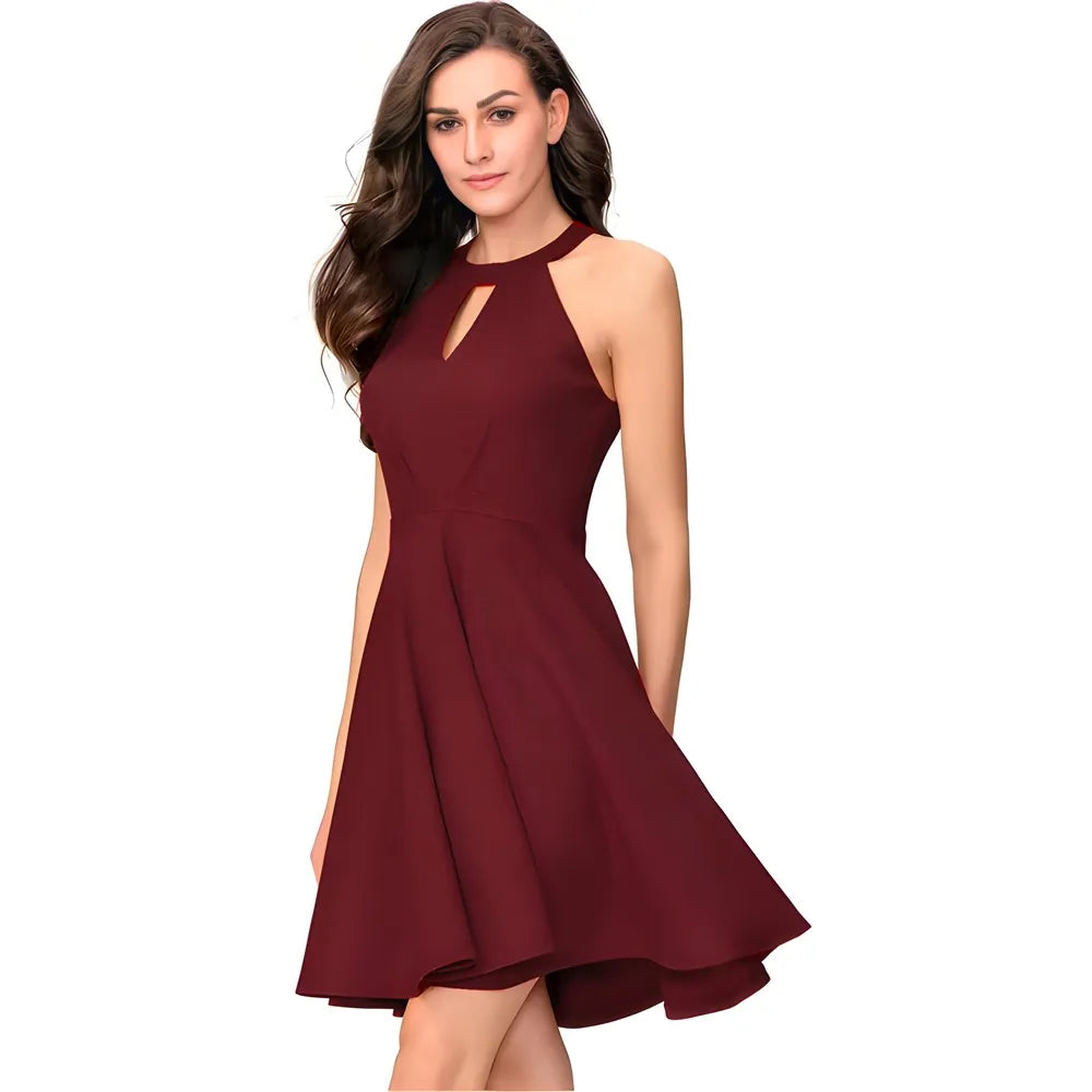 Stylish maroon sleeveless wrap dress with solid pattern by ZELZIS