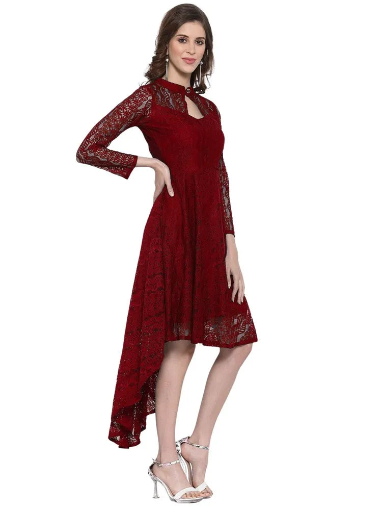 Stylish maroon coding net high low dress with inner lining