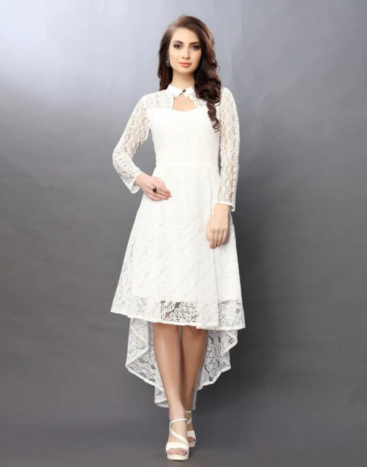 Stylish net fabric high low dress in white
