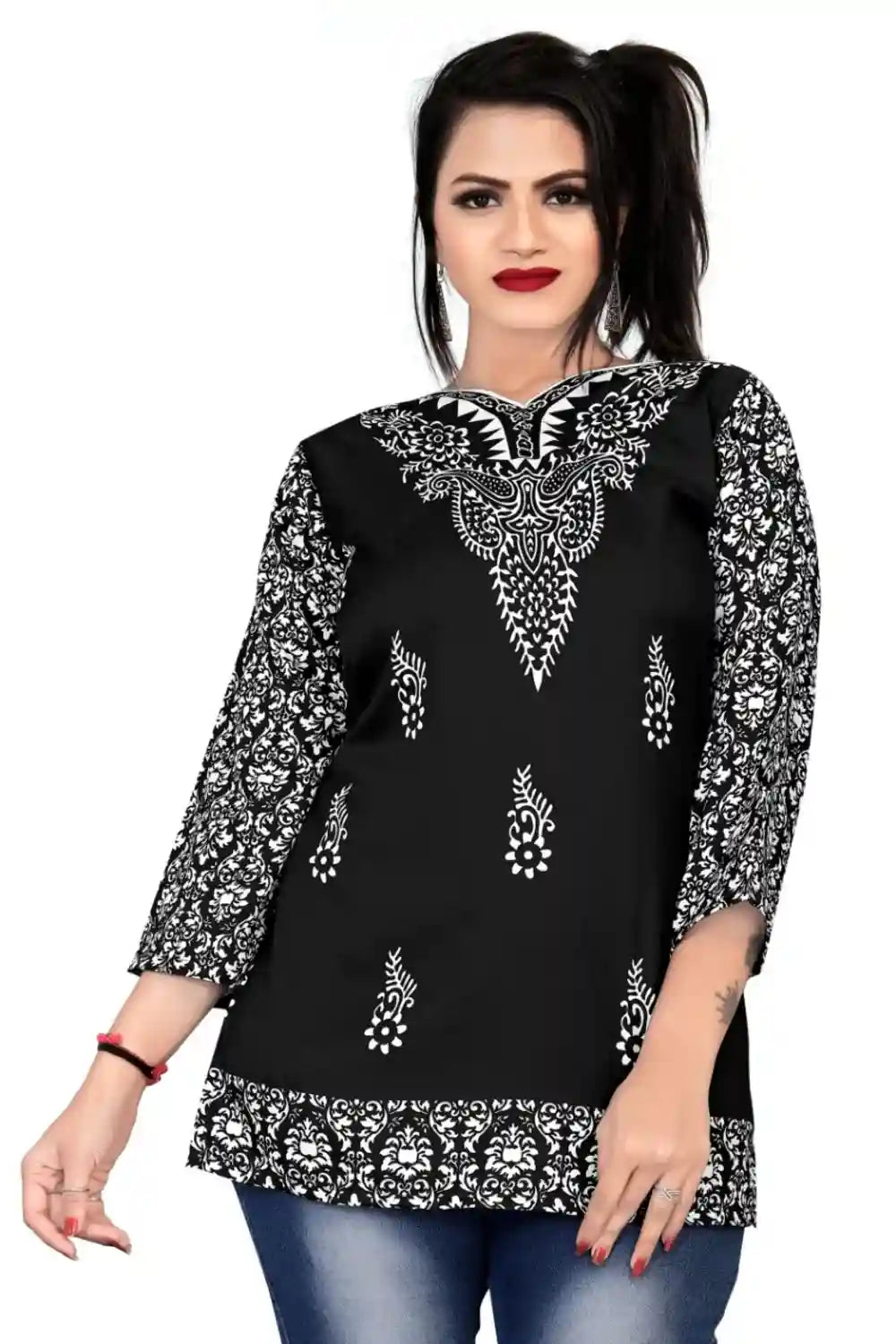 stylish black digital printed rayon tunic for casual wear