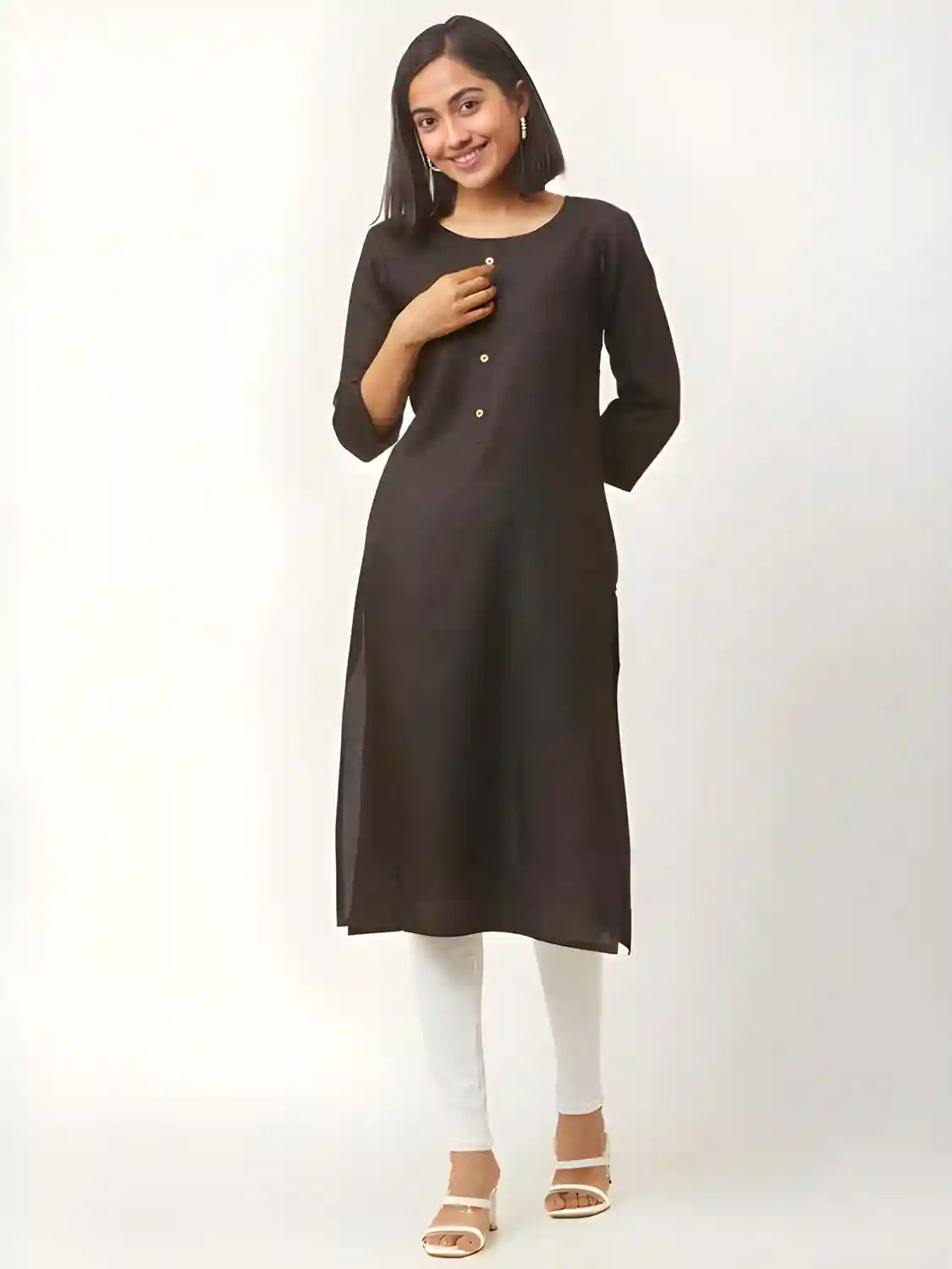 stylish black three-quarter sleeve cotton kurti
