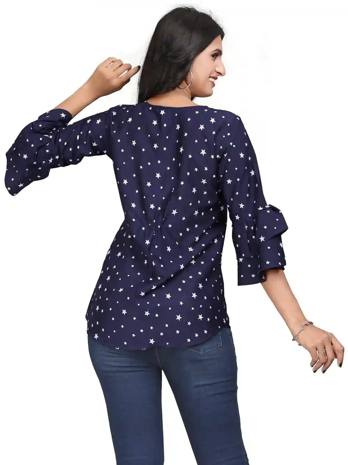 stylish blue crepe tunic top with keyhole neck and bell sleeves