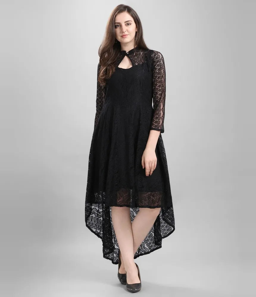 Trendy black coding net high low dress with inner for casual & party wear by ZELZIS