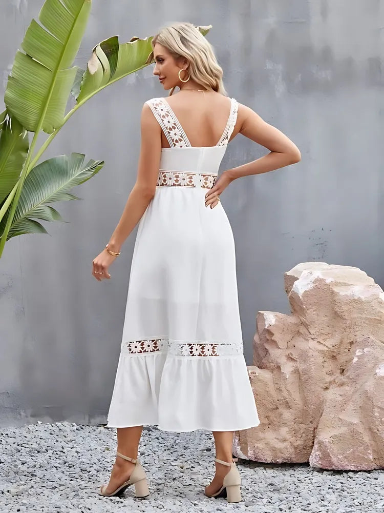 White flower crochet wide strap stylish midi dress