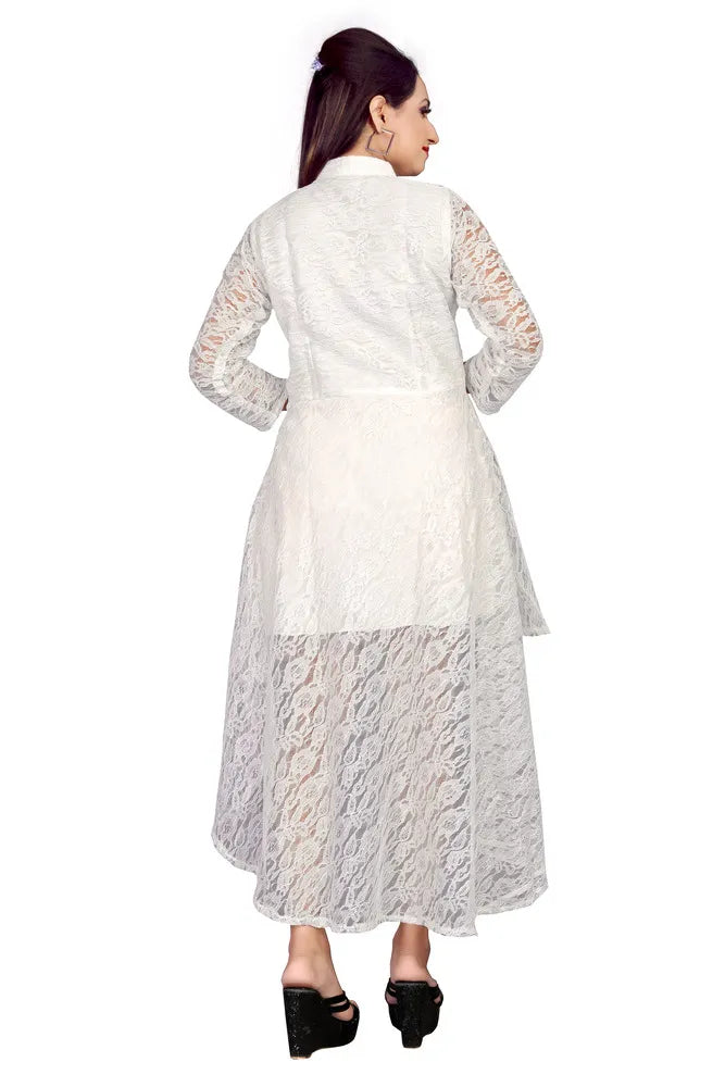 White super flower net high low casual dress with inner