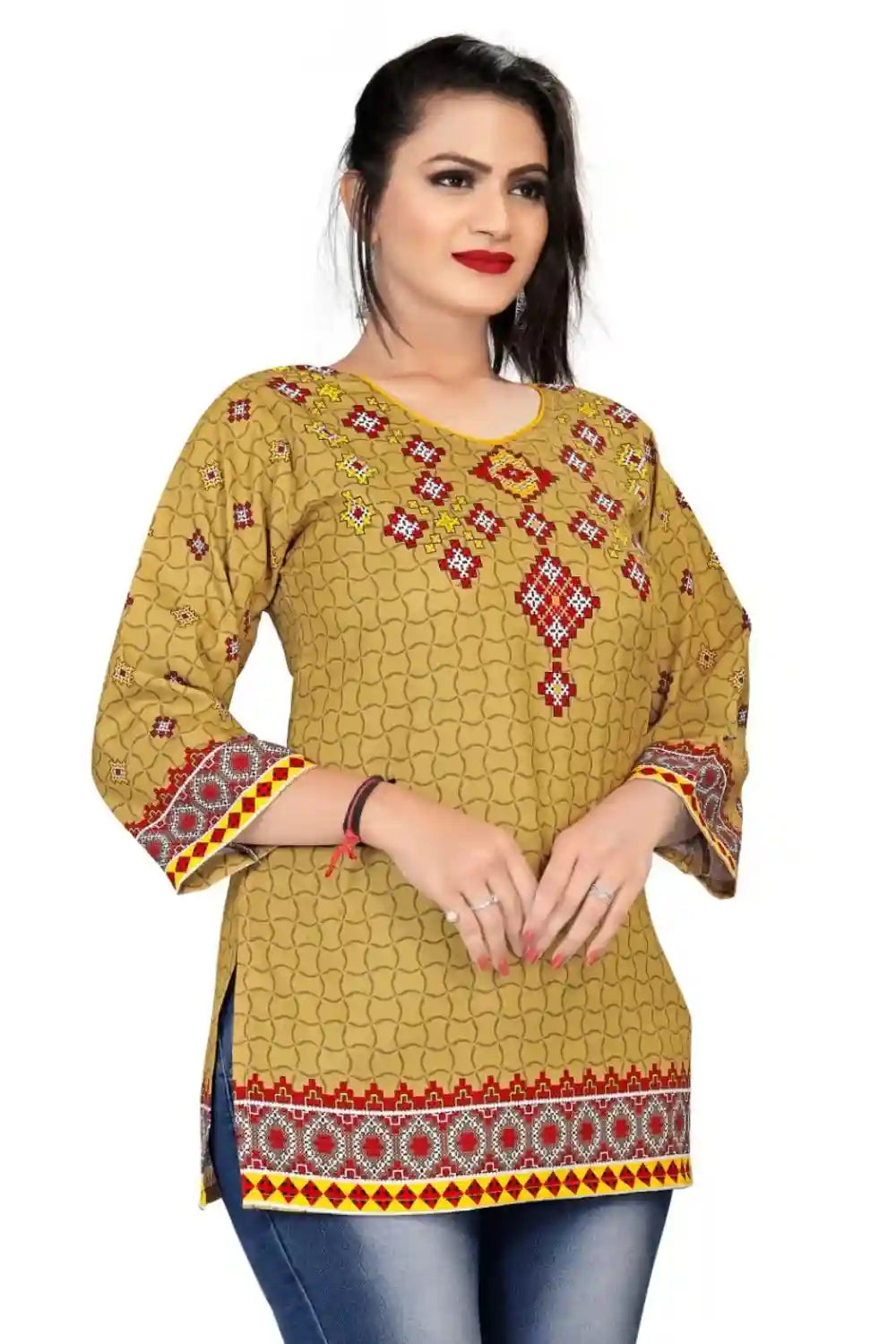 yellow rayon digital print tunic top for casual and party wear