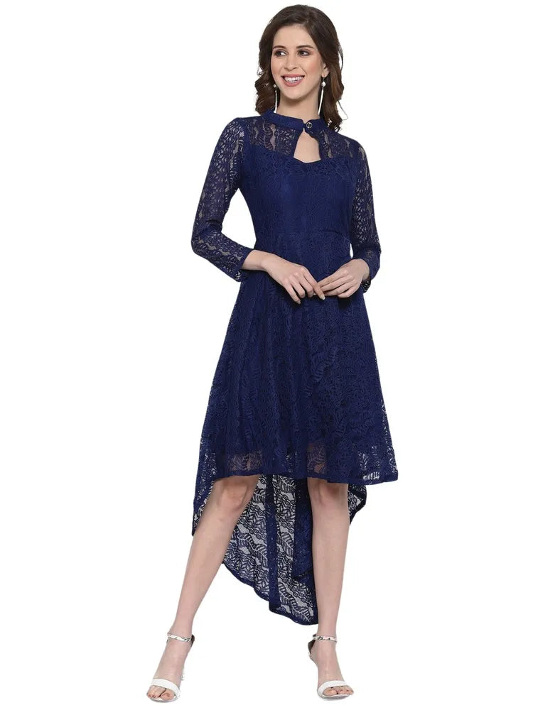 ZELZIS blue coding net high-low dress with crepe inner