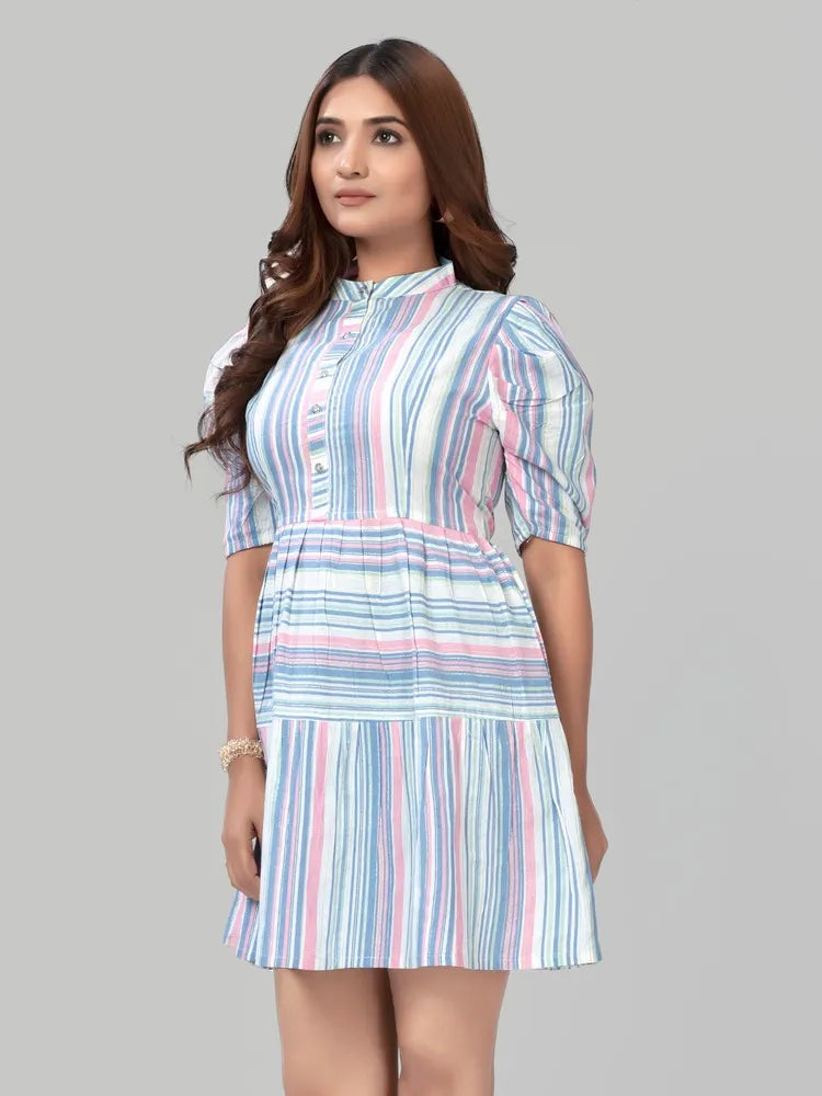 ZELZIS blue stripe fit & flare knee-length cotton dress