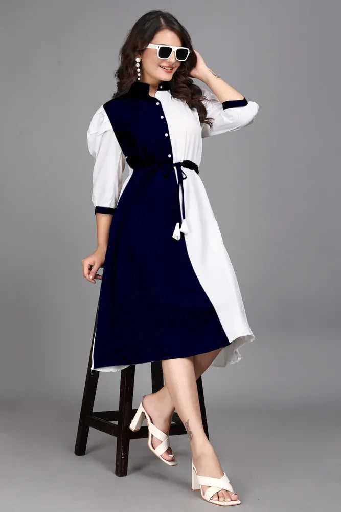 ZELZIS blue colourblock cotton fit & flare dress with inner and belt

