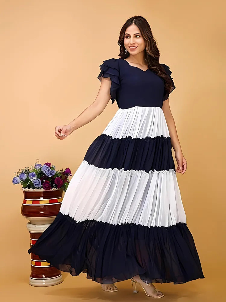 ZELZIS Blue & White Colourblocked Solid Maxi Dress for Women