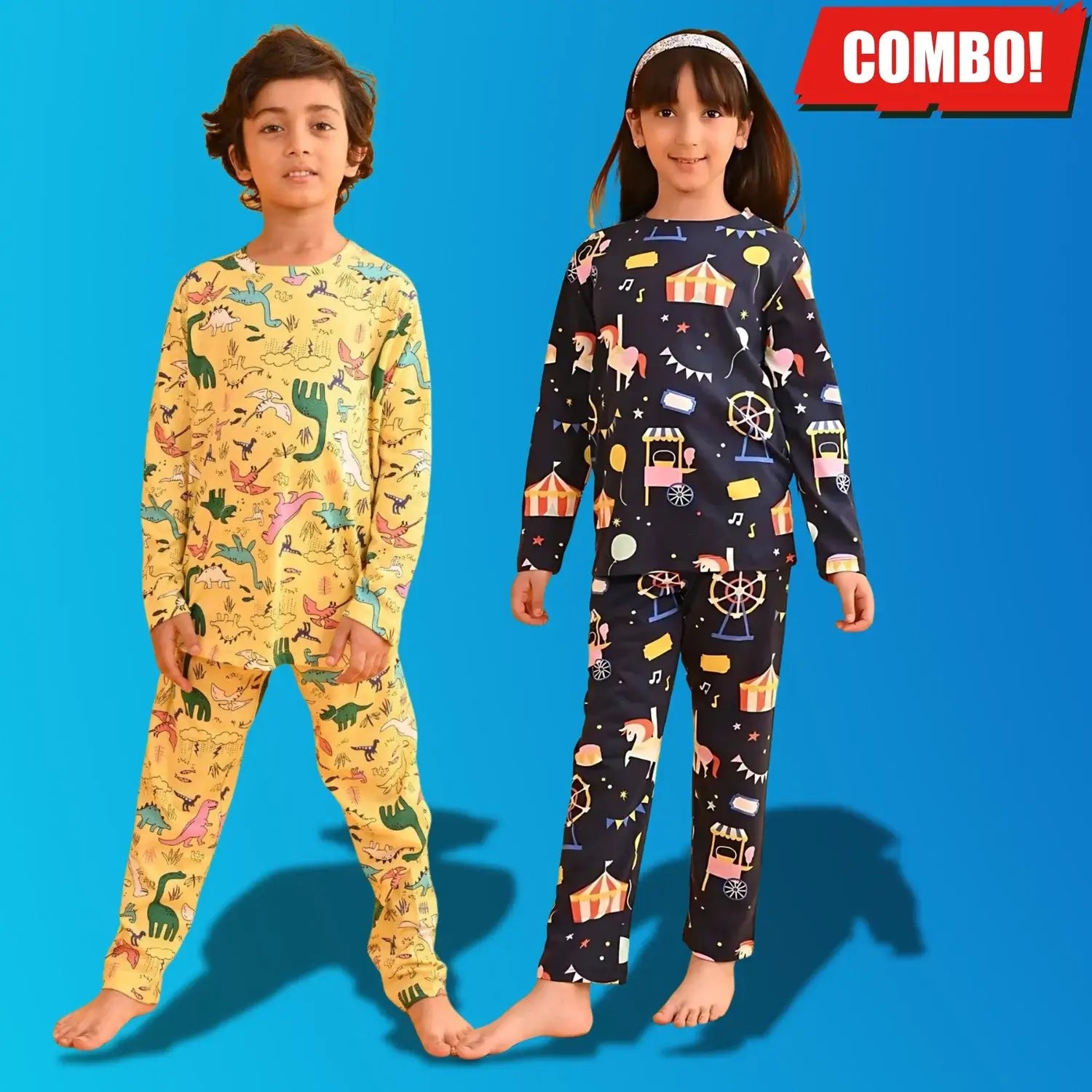 Front view of kids in pale yellow dinosaur-print and navy carnival-print pyjama sets against a blue background.