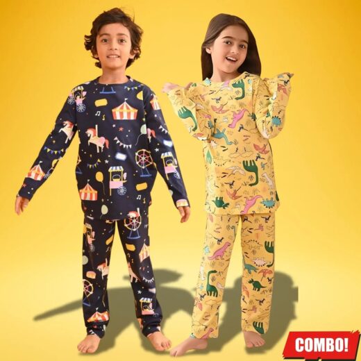 Kids wearing navy carnival-print and pale yellow dinosaur-print long-sleeve pyjama sets.