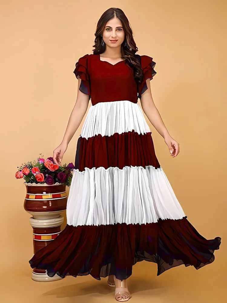ZELZIS Maroon & White Colourblocked Solid Maxi Dress for Women