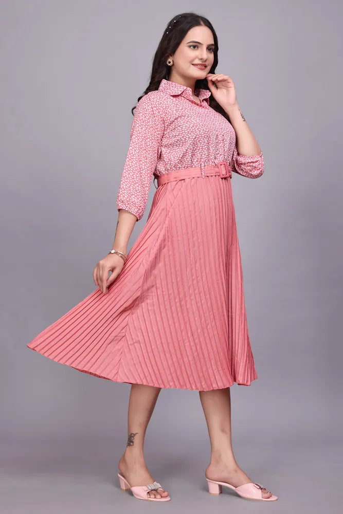 ZELZIS pink crepe dress for women with round cowl neck and full sleeves