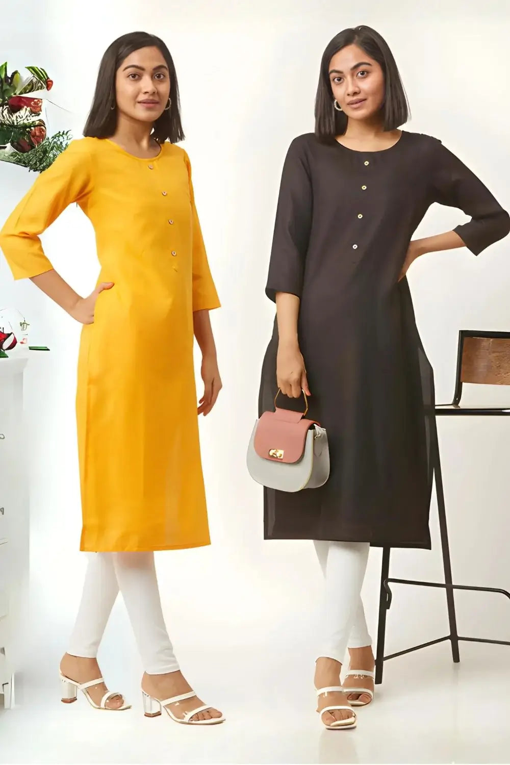 zelzis fashion online shopping Yellow & Black Straight Plain Casual Wear Cotton Combo Kurtis