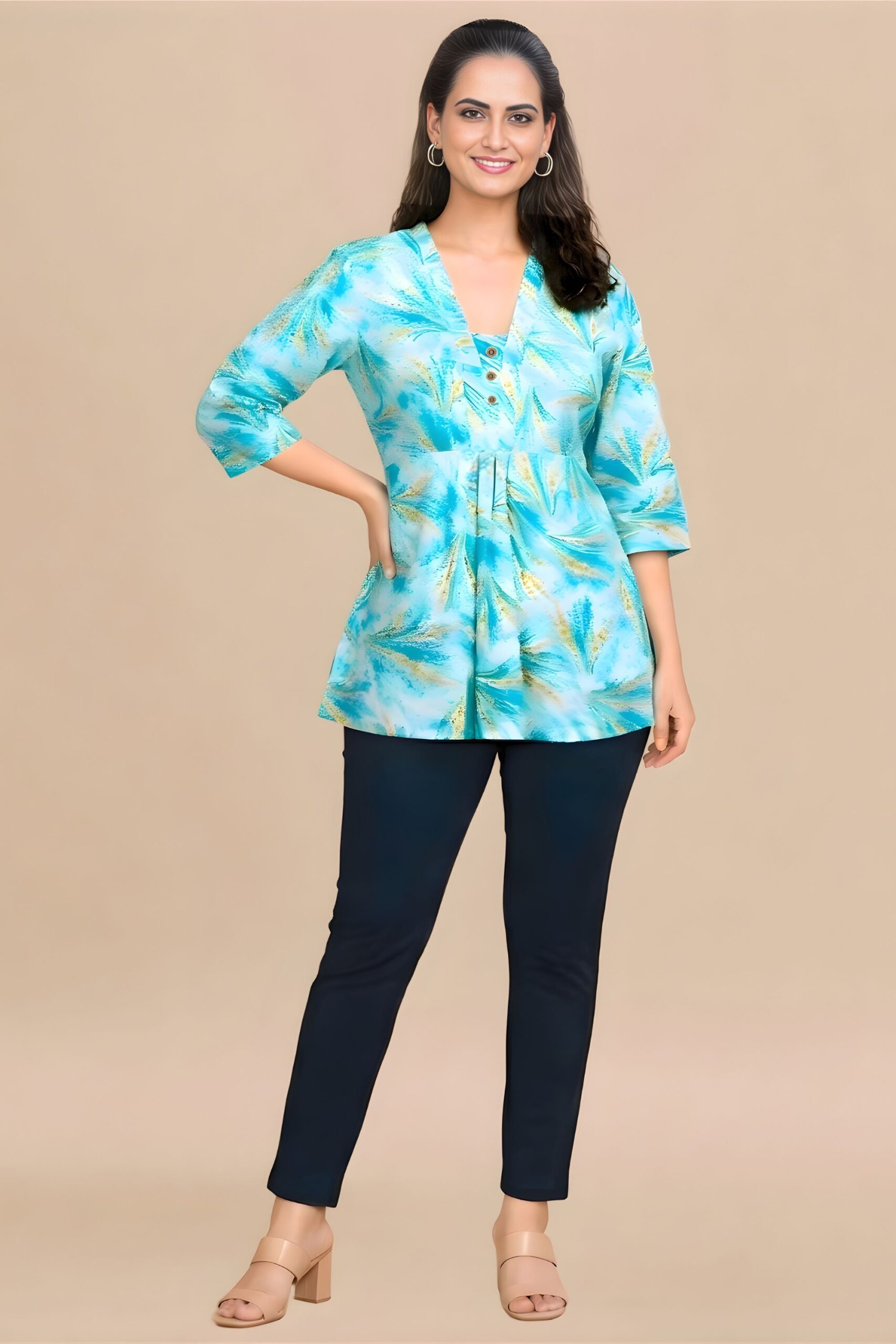 ZELZIS Women's Sky Tropical Leaf Print Cotton V-Neck 3/4 Sleeve Tunic Top