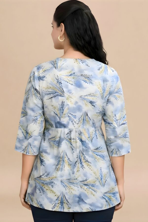 ZELZIS Women's Blue Tropical Leaf Print Cotton V-Neck 3/4 Sleeve Tunic Top