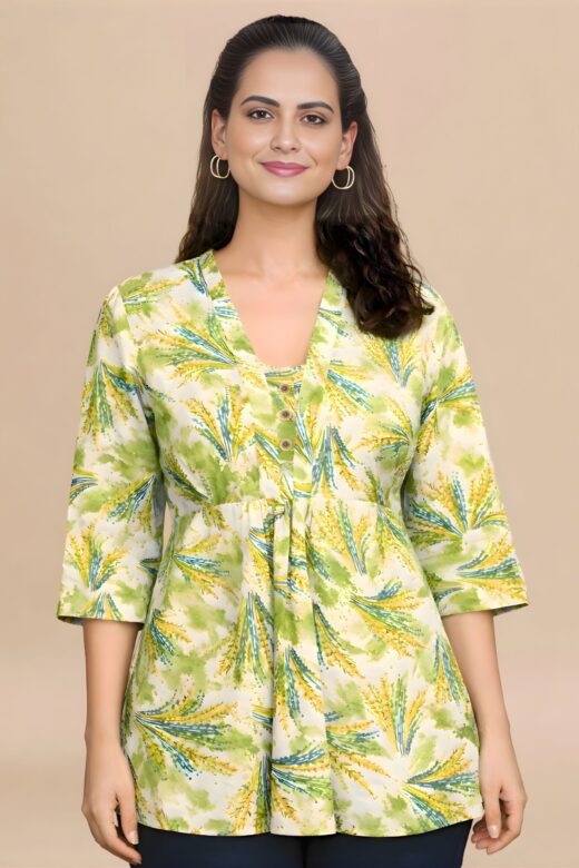 ZELZIS Women's Green Tropical Leaf Print Cotton V-Neck 3/4 Sleeve Tunic Top