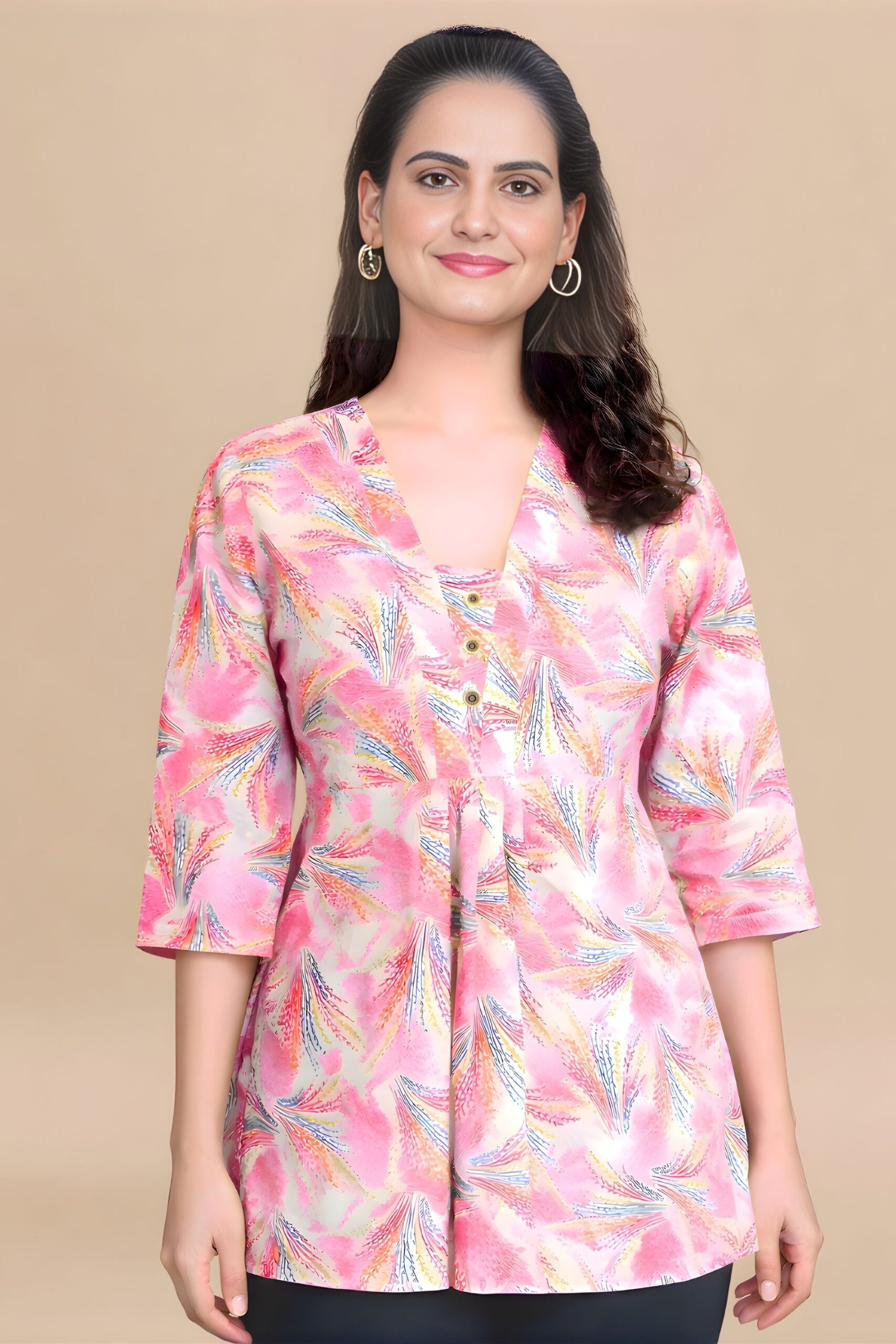 ZELZIS Women's Pink Tropical Leaf Print Cotton V-Neck 3/4 Sleeve Tunic Top