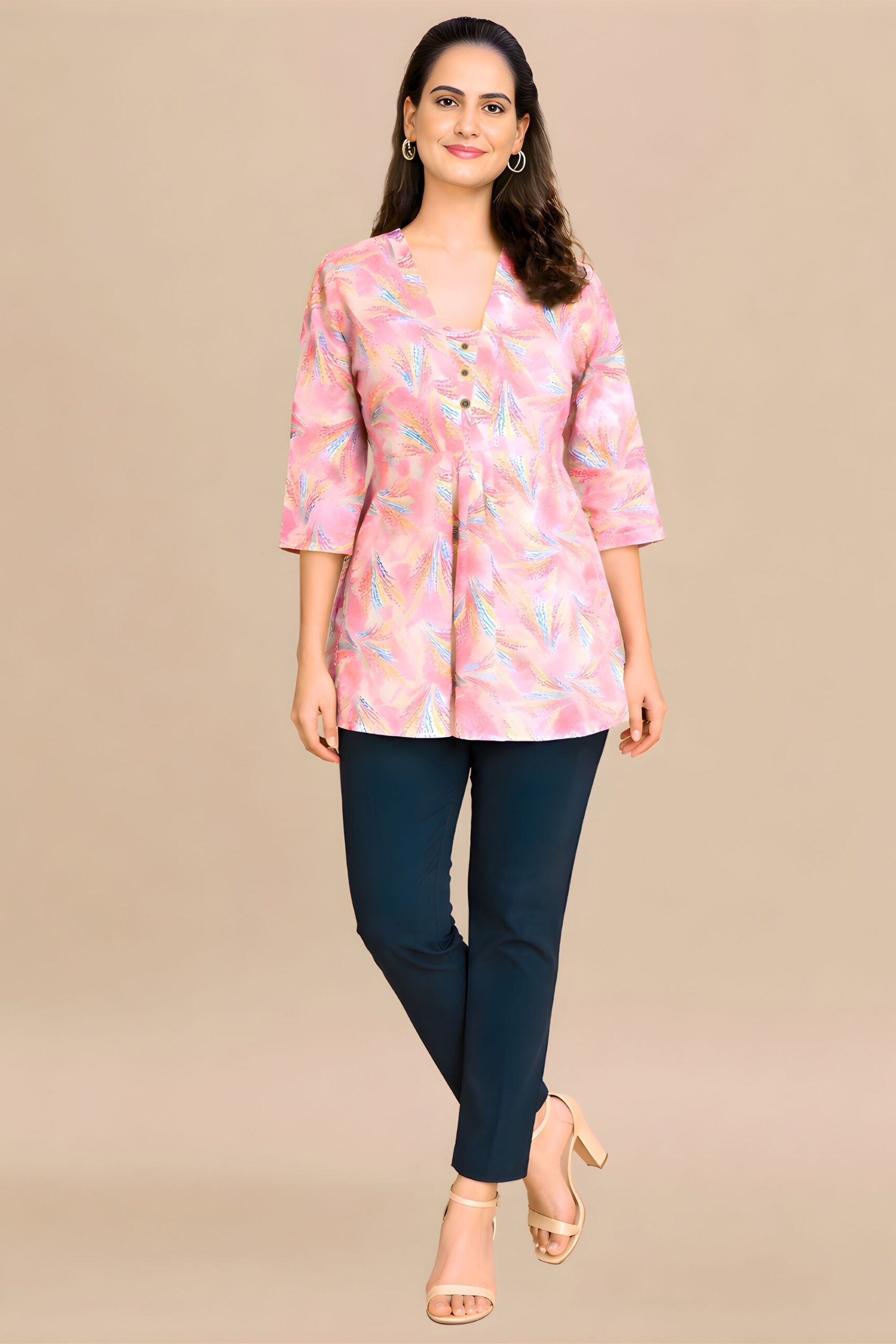 ZELZIS Women's Pink Tropical Leaf Print Cotton V-Neck 3/4 Sleeve Tunic Top