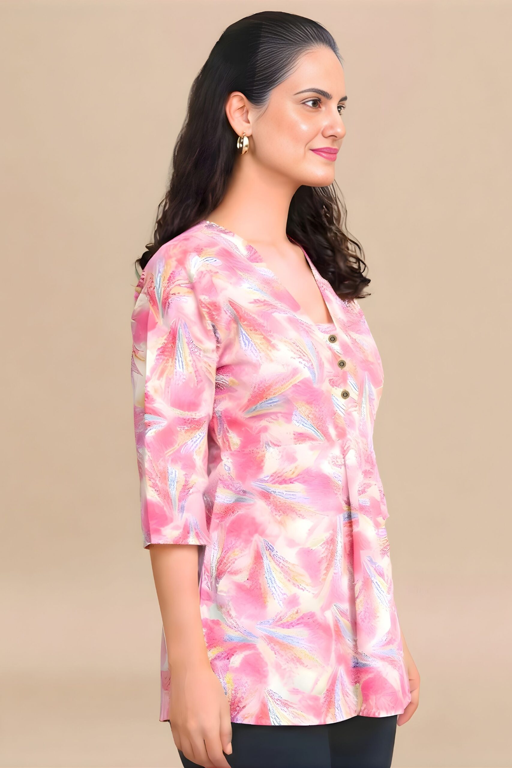 ZELZIS Women's Pink Tropical Leaf Print Cotton V-Neck 3/4 Sleeve Tunic Top