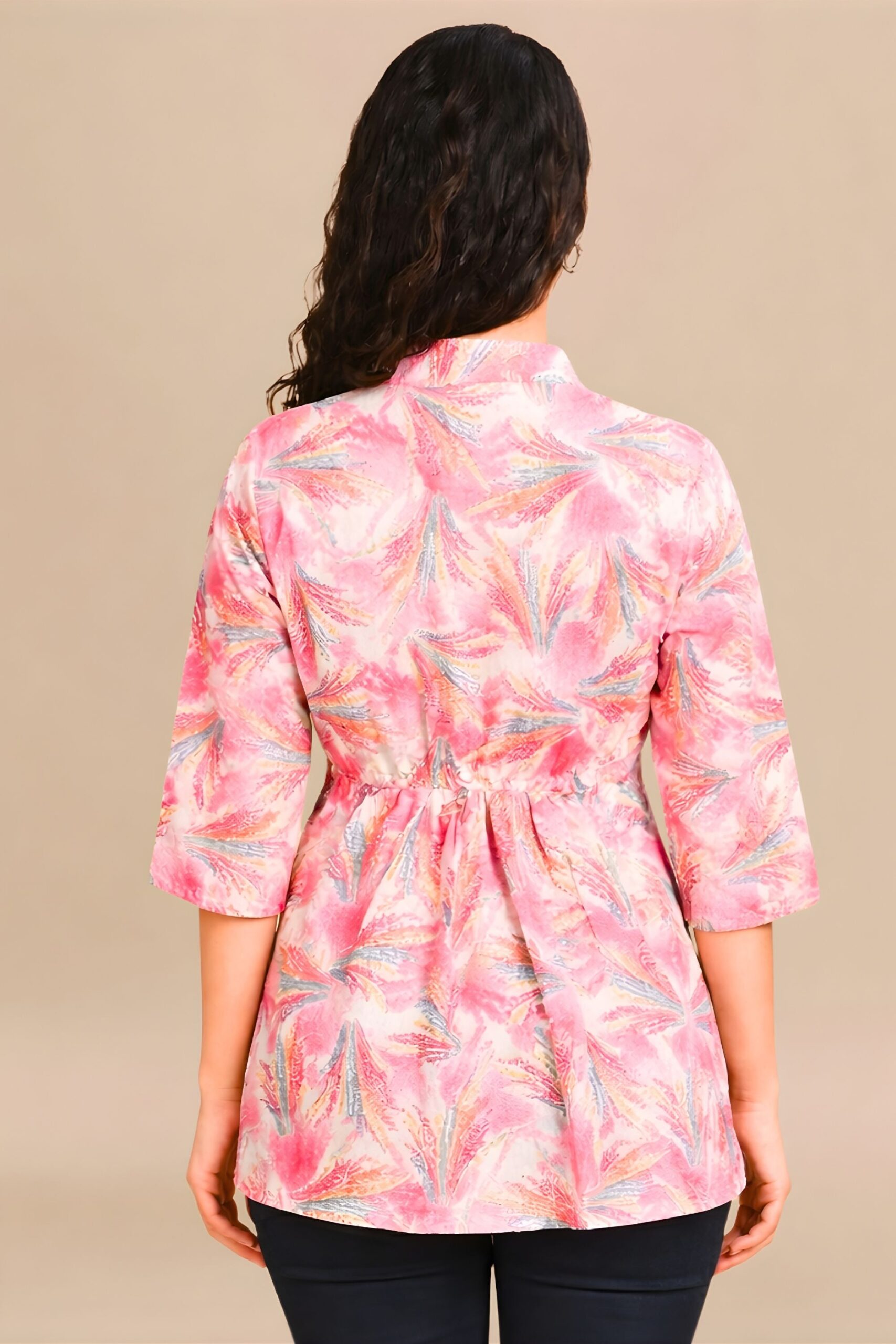 ZELZIS Women's Pink Tropical Leaf Print Cotton V-Neck 3/4 Sleeve Tunic Top