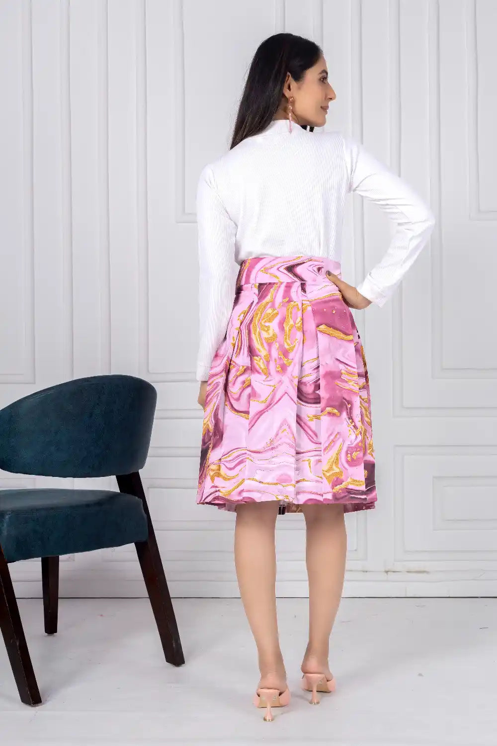 ZELZIS Women's Purple Marble Print Cotton Skirt with White Full-Sleeve Polyester Ribbed T-Shirt Set