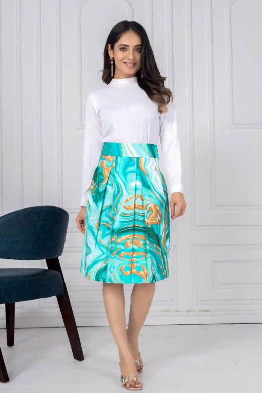 ZELZIS Women's Green Marble Print Cotton Skirt with White Full-Sleeve Polyester Ribbed T-Shirt Set