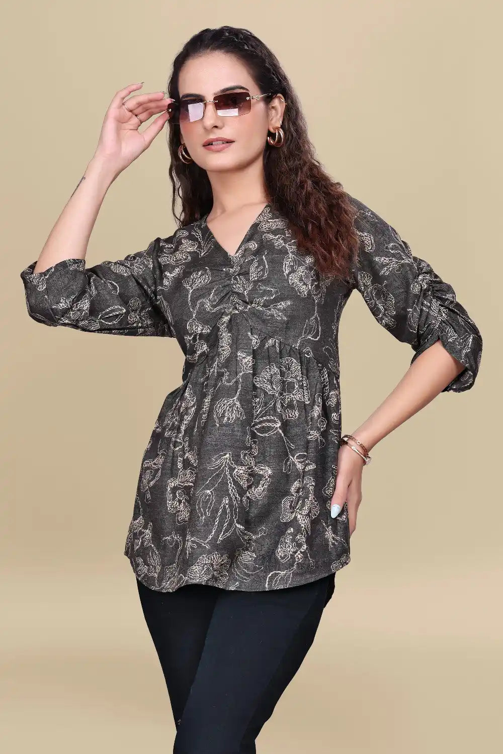 ZELZIS Black Printed Cotton V-Neck Tunic Top with Ruffle Sleeves