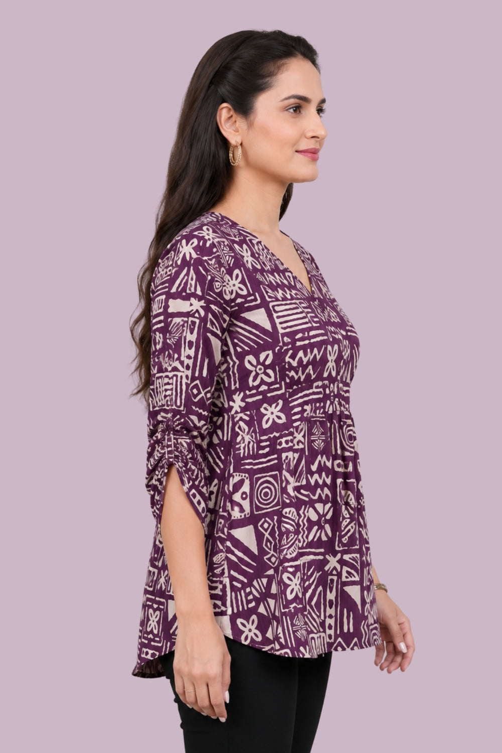 ZELZIS Purple Abstract Printed Cotton V-Neck Tunic Top with Ruffle Sleeves